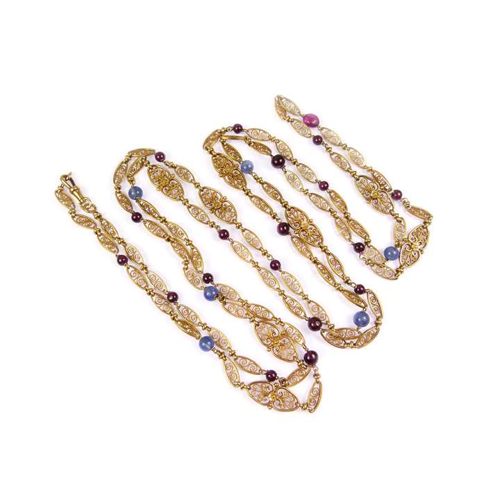 Gold, sapphire and garnet bead fancy link chain necklace